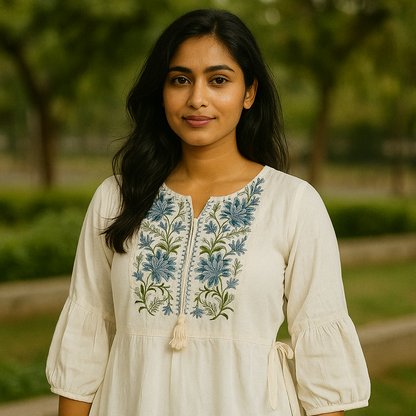 Women Embroidered Viscose Rayon Straight Kurta  (White) blue flowers with green stems