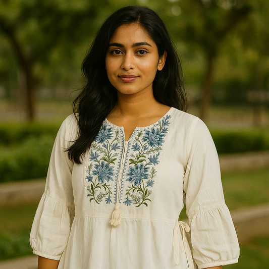 Women Embroidered Viscose Rayon Straight Kurta  (White) blue flowers with green stems