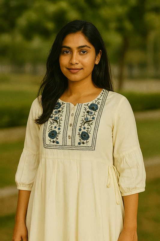 Women Embroidered Viscose Rayon Straight Kurta  (White) blue flowers
