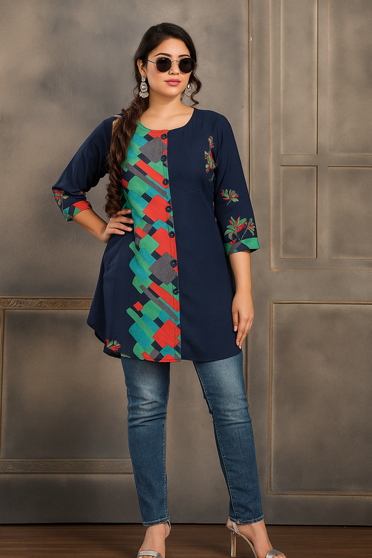 premium tops with super colour combination having a striped work done on right side blue