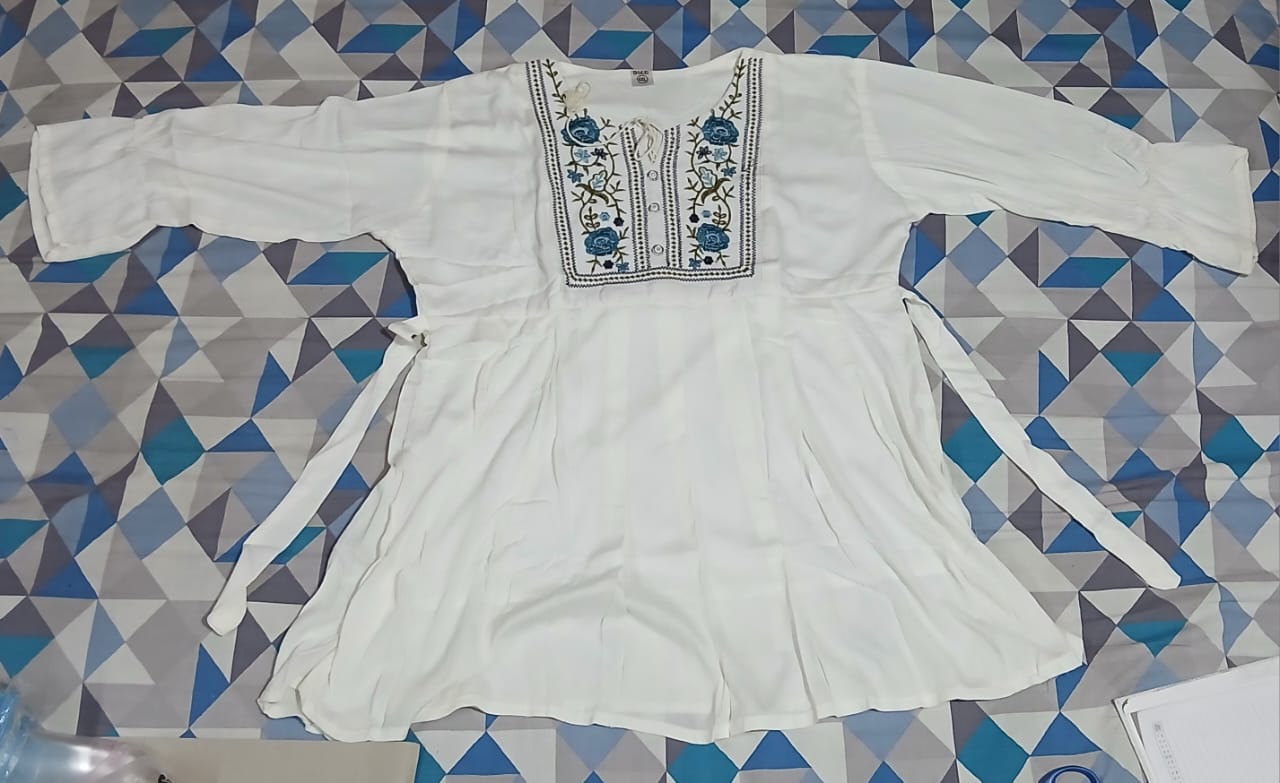 Women Embroidered Viscose Rayon Straight Kurta  (White) blue flowers with green stems