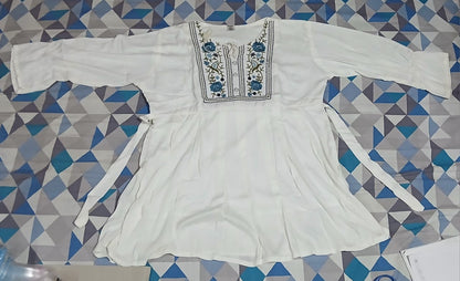 Women Embroidered Viscose Rayon Straight Kurta  (White) blue flowers with green stems