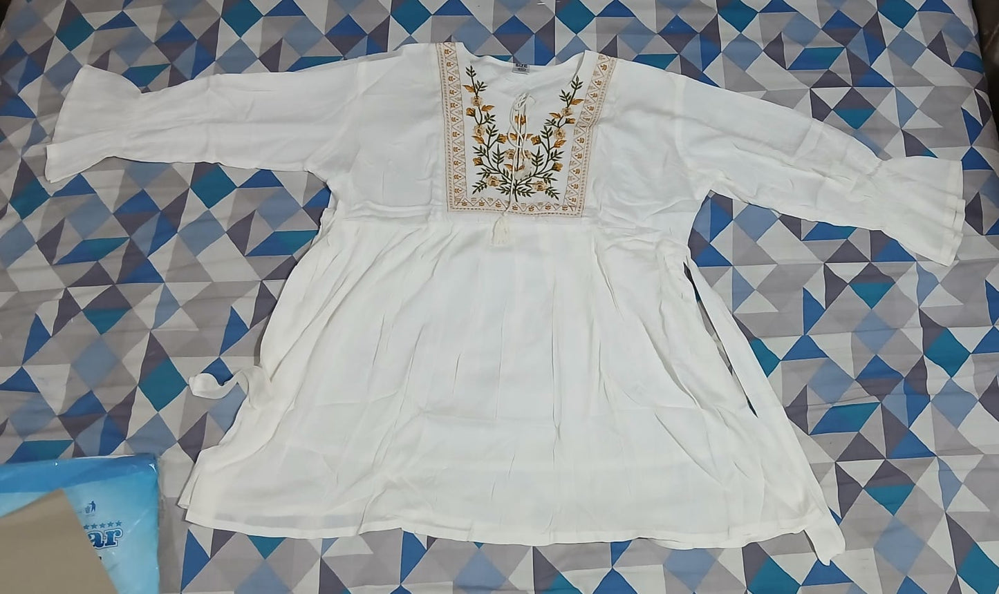 Women Embroidered Viscose Rayon Straight Kurta  (White) blue flowers with green stems