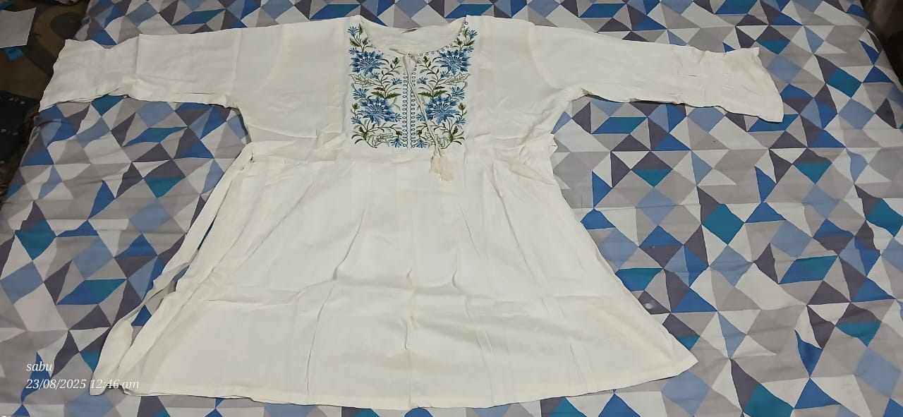 Women Embroidered Viscose Rayon Straight Kurta  (White) blue flowers with green stems