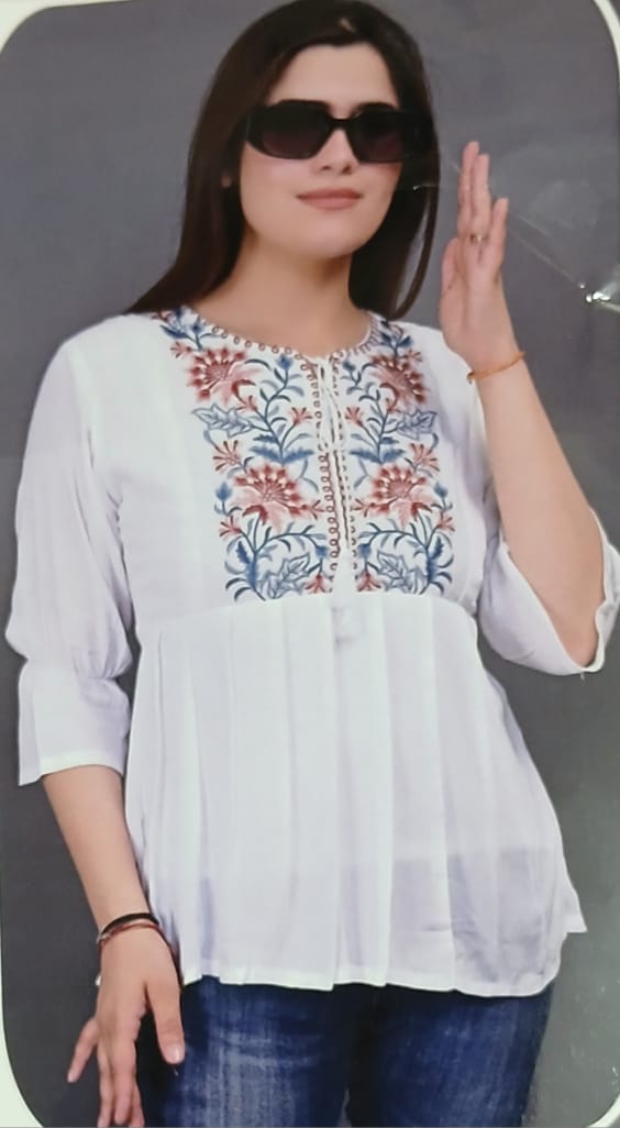 Women Embroidered Viscose Rayon Straight Kurta  (White) blue flowers with green stems