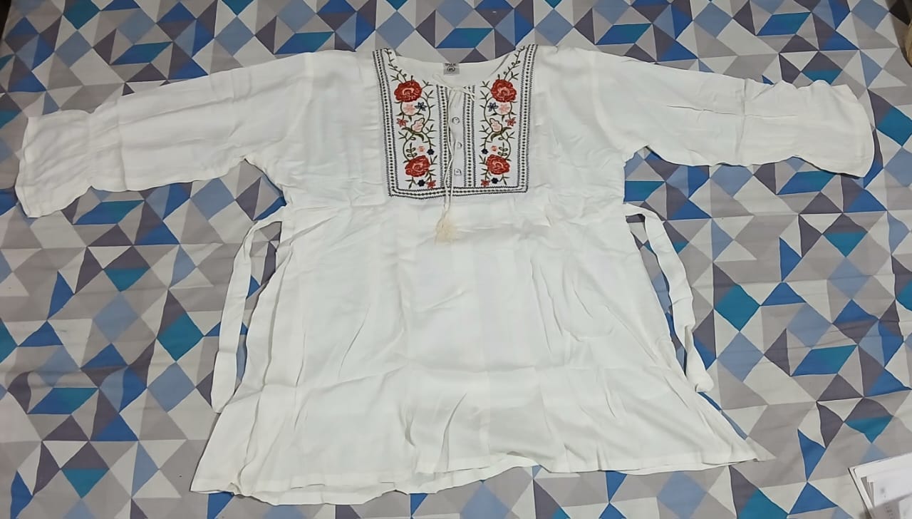 Women Embroidered Viscose Rayon Straight Kurta  (White) blue flowers with green stems
