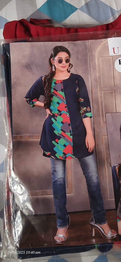 premium tops with super colour combination having a striped work done on right side blue